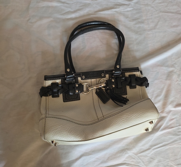 Coach Handbags - Coach Cream and Black Leather Satchel with Tassel